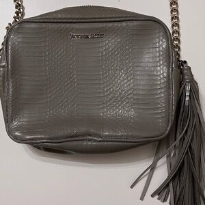Grey Silver Textured Leather Gold Chain Victoria’s Secret Crossbody bag